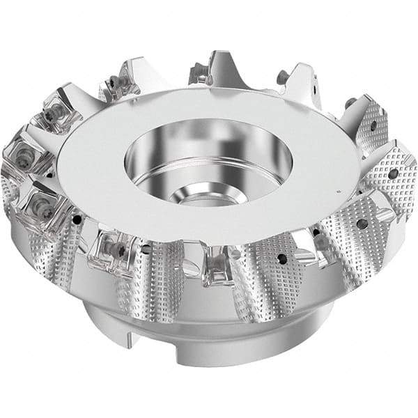 Seco - 5" Cut Diam, 1-1/2" Arbor Hole, 0.236" Max Depth of Cut, 48° Indexable Chamfer & Angle Face Mill - 12 Inserts, SN.. Insert, Right Hand Cut, 12 Flutes, Through Coolant, Series R220.54 - Benchmark Tooling