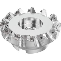 Seco - 5" Cut Diam, 1-1/2" Arbor Hole, 0.236" Max Depth of Cut, 48° Indexable Chamfer & Angle Face Mill - 12 Inserts, SN.. Insert, Right Hand Cut, 12 Flutes, Through Coolant, Series R220.54 - Benchmark Tooling