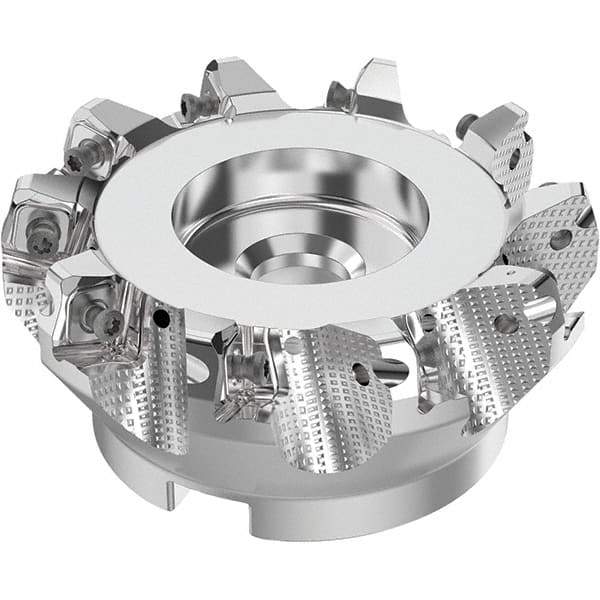 Seco - 100mm Cut Diam, 32mm Arbor Hole, 8mm Max Depth of Cut, 71° Indexable Chamfer & Angle Face Mill - 10 Inserts, SN.. Insert, Right Hand Cut, 10 Flutes, Through Coolant, Series R220.56 - Benchmark Tooling