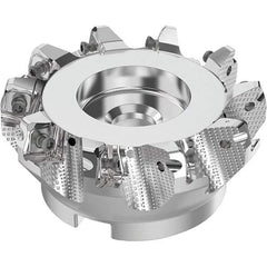 Seco - 100mm Cut Diam, 32mm Arbor Hole, 8mm Max Depth of Cut, 71° Indexable Chamfer & Angle Face Mill - 10 Inserts, SN.. Insert, Right Hand Cut, 10 Flutes, Through Coolant, Series R220.56 - Benchmark Tooling