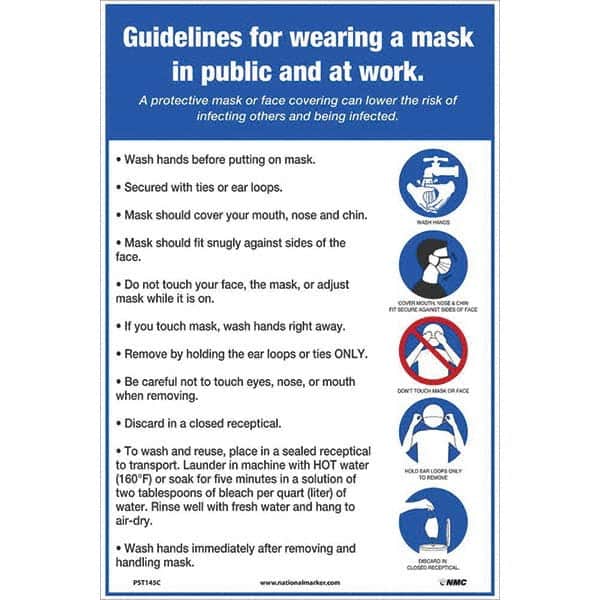 NMC - "COVID 19 - Guidelines for Wearing a Mask in Public and at Work", 12" Wide x 18" High, Vinyl Safety Sign - Benchmark Tooling