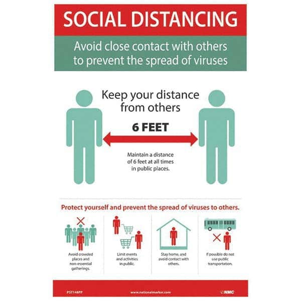 Warning & Safety Reminder Sign: Rectangle, ″SOCIAL DISTANCING Avoid close contact with others to prevent the spread of viruses″ Paper, Wall Mount, 18″ High, 12″ Wide