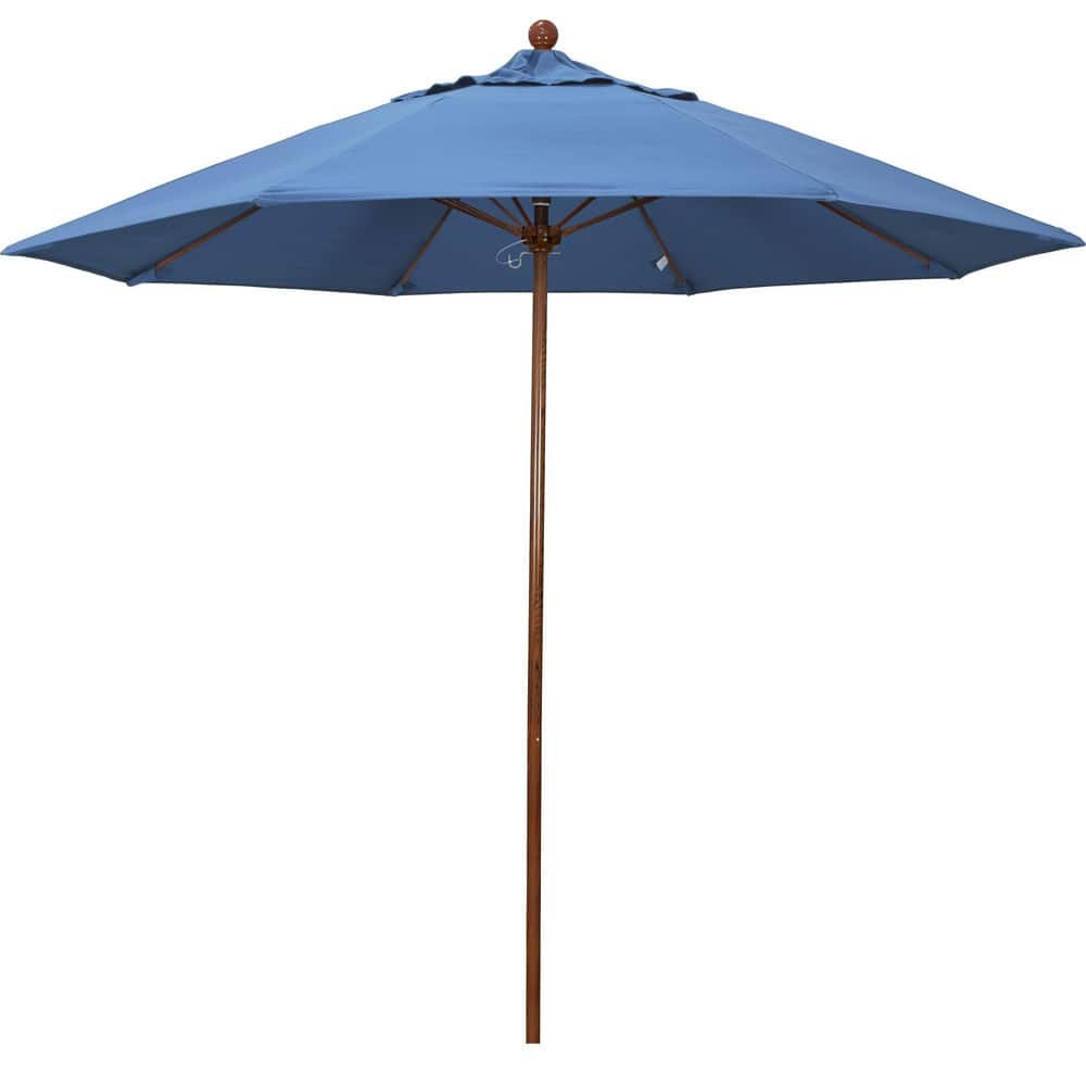 Patio Umbrellas; Diameter (Feet): 9; Height (Feet): 8.583; Fabric Color: Frost Blue; Base Included: No; Canopy Fabric: Olefin; Fade Resistant: Yes; Additional Information: Push Lift; Frame Material: Aluminum