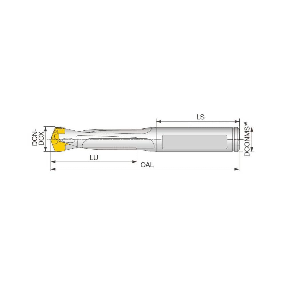 Replaceable Tip Drill: 8.5 to 8.9 mm Drill Dia, 26 mm Max Depth, 9 mm Weldon Flat Shank Uses DMP Inserts, 72.8 mm OAL, Through Coolant