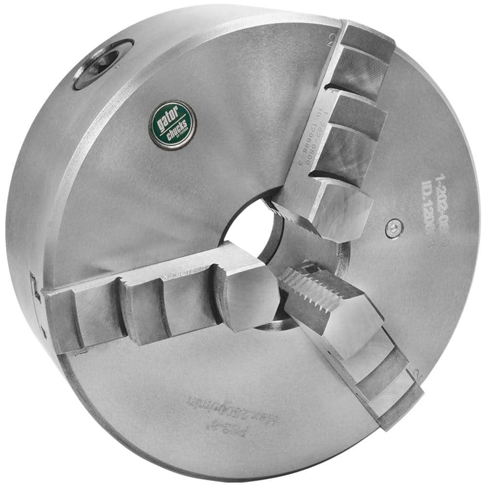 Self-Centering Manual Lathe Chuck: 3-Jaw,  8″ Dia Hard & Solid Jaws, Plain Back Mount, 2,500 Max RPM