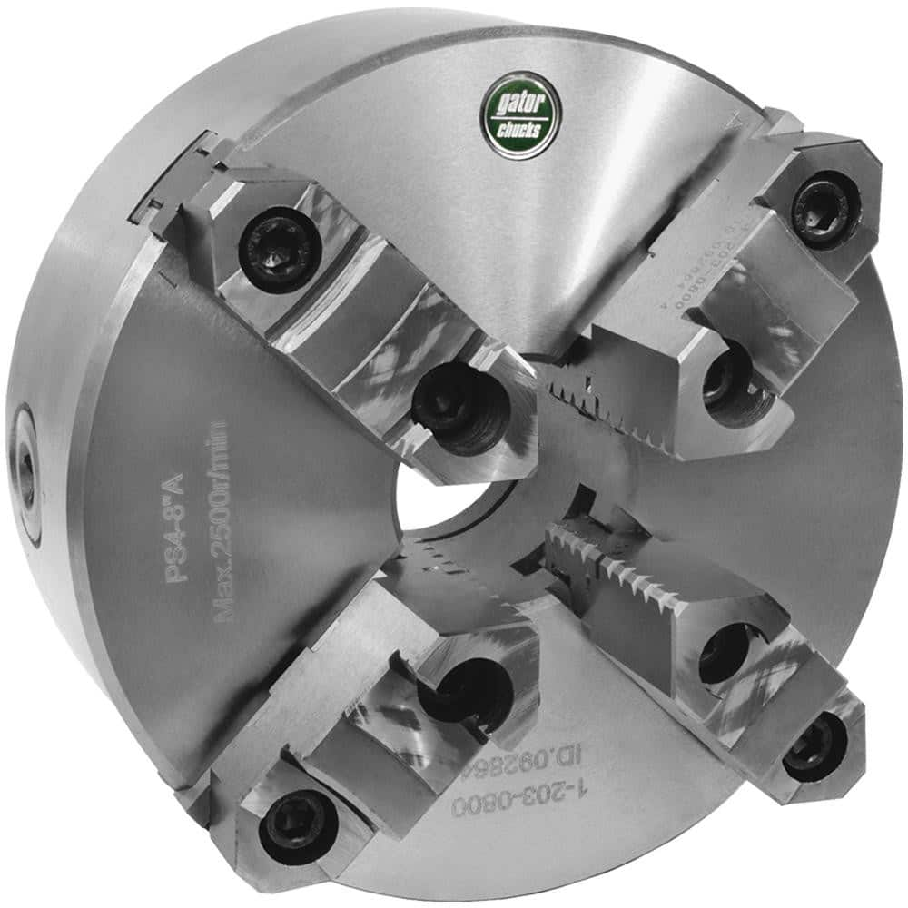 Self-Centering Manual Lathe Chuck: 4-Jaw,  10″ Dia Two-Piece Jaws, Plain Back Mount, 2,000 Max RPM