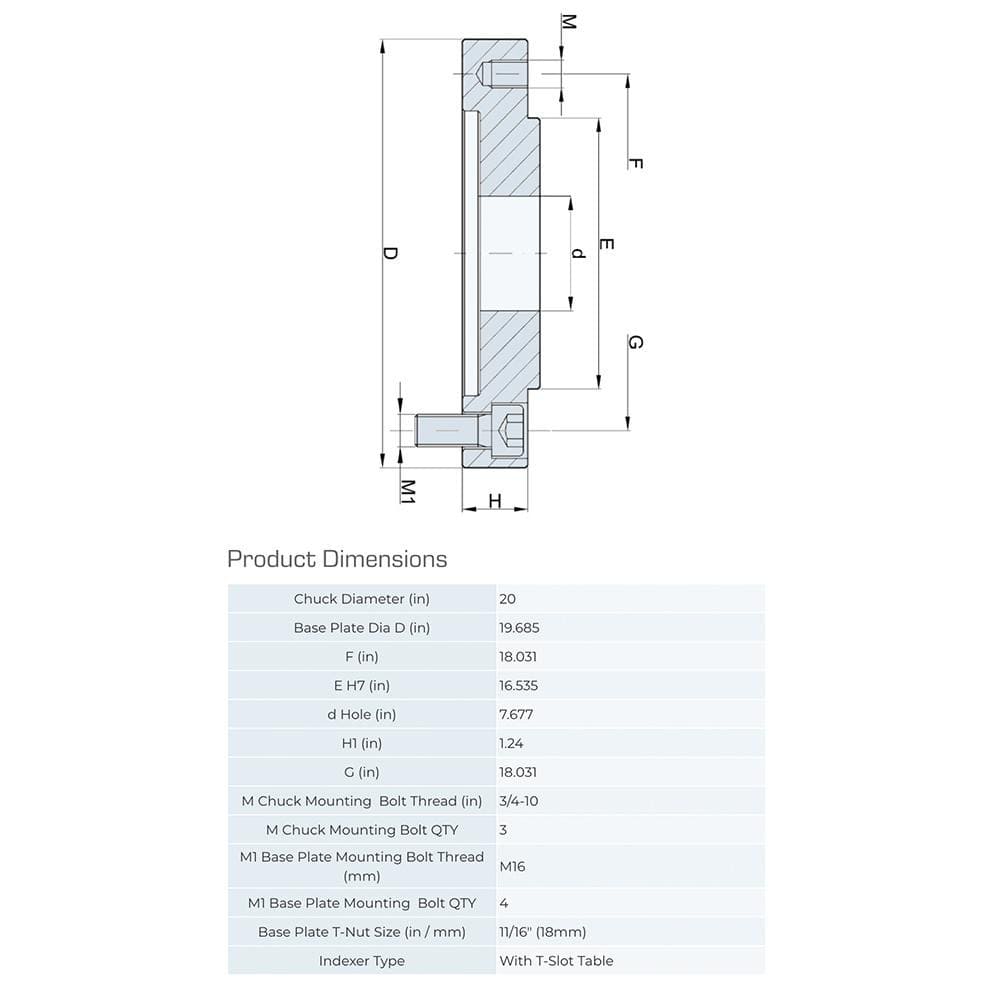 Lathe Chuck Adapter Back Plates; Nominal Chuck Size: 20 in; Mount Type: Slotted Table; Spindle Nose Type: Slotted Table; Chuck Compatibility: 1-201-2001; Through-hole Diameter: 7.677 in; Chuck Diameter Compatibility: 20 in; Material: Steel; Chuck Diameter