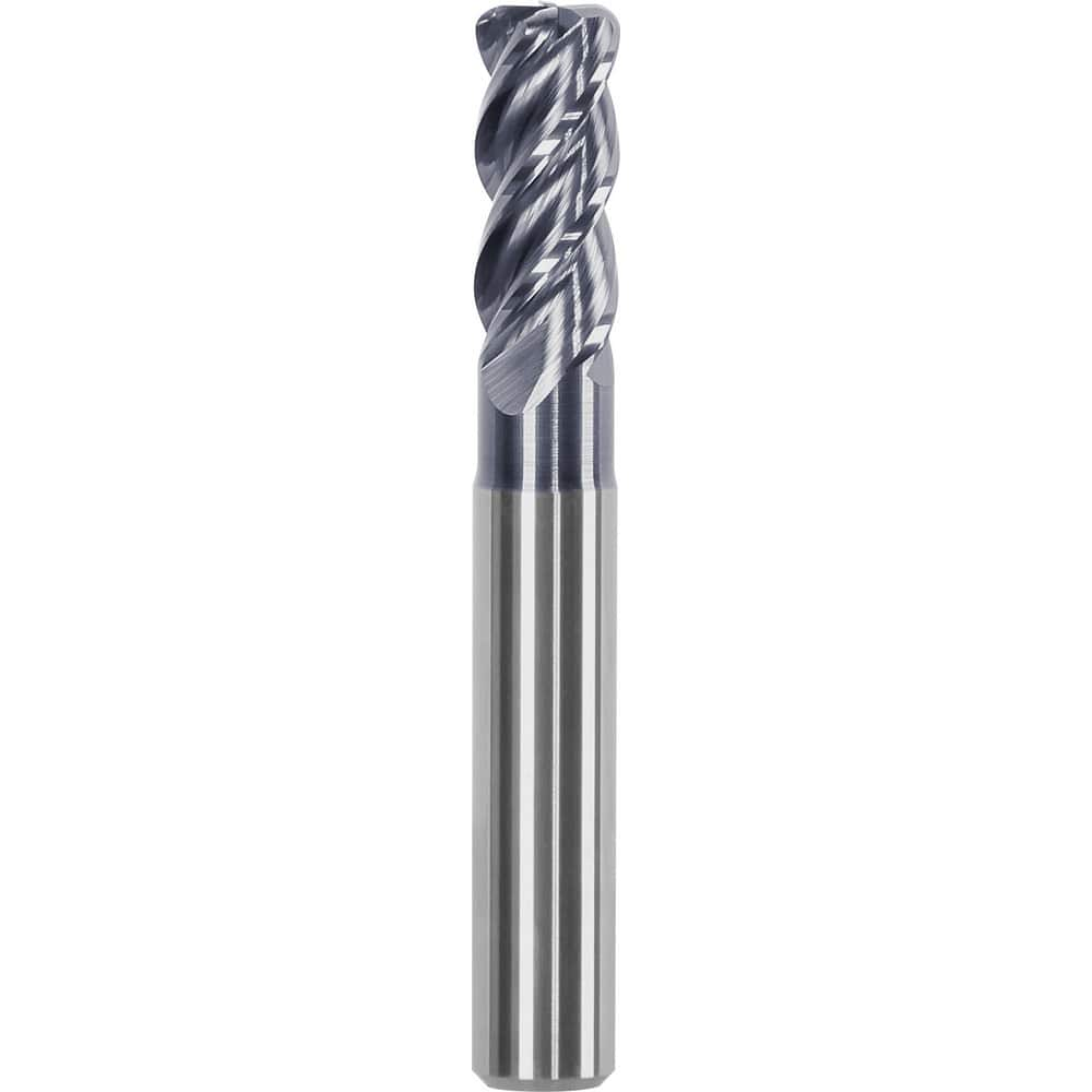 Corner Radius End Mill: 0.6299″ Dia, 1.2598″ LOC, 0.02″ Radius, 4 Flutes, Solid Carbide 3.66″ OAL, 0.6299″ Shank Dia, Helix, AlTiN Coated, Centercutting