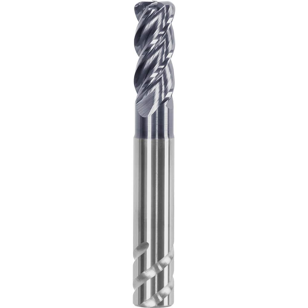 Corner Radius End Mill: 3/16″ Dia, 3/8″ LOC, 0.01″ Radius, 4 Flutes, Solid Carbide 2″ OAL, 1/4″ Shank Dia, Helix, AlTiN Coated, Centercutting