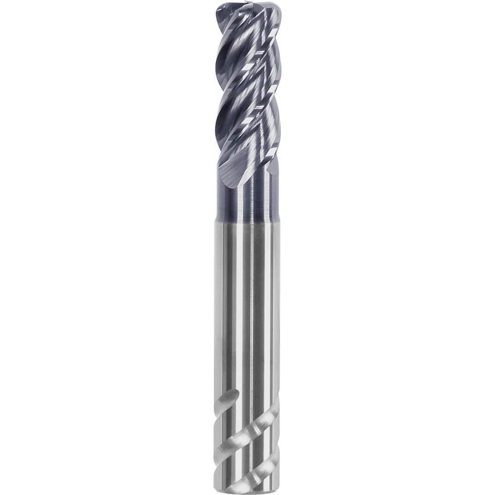 Corner Radius End Mill: 0.0938″ Dia, 3/16″ LOC, 0.01″ Radius, 4 Flutes, Solid Carbide 2″ OAL, 1/4″ Shank Dia, Helix, AlTiN Coated, Centercutting