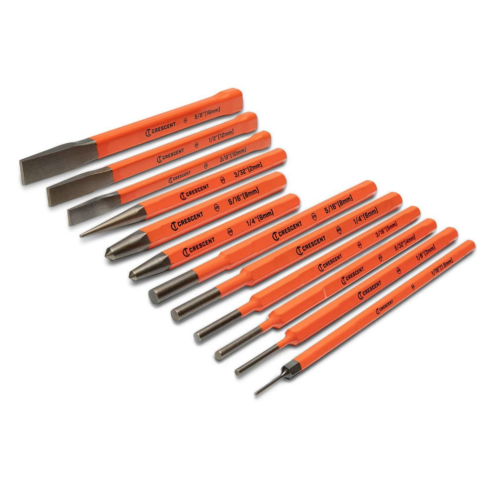 Chisel Sets; Tool Type: Cold Chisel Set; Body Material: Steel; Number of Pieces: 12.000; Includes: 6 Pin Punches: 1/16 in  1/8 in  5/32 in  3/16 in  1/4 in  5/16 in  3 Center Punches: 3/32 in 1/4 in 5/16 in  3 Cold Chisels: 3/8 in 1/2 in 5/8 in; Number Of