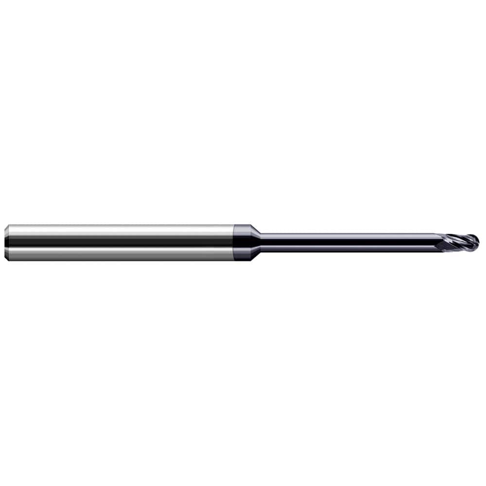 Ball End Mill: 0.0157″ Dia, 0.0236″ LOC, 4 Flute, Solid Carbide 50 mm OAL, 4 mm Shank Dia, 34 ° Helix, AlTiN Coated, Single End