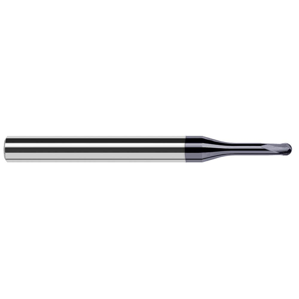 Ball End Mill: 0.02″ Dia, 0.016″ LOC, 2 Flute, Solid Carbide 2-1/2″ OAL, 1/4″ Shank Dia, 20 ° Helix, AlTiN Coated, Single End