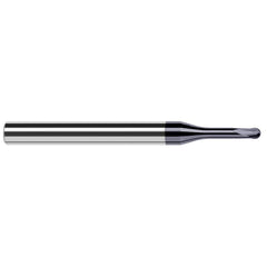 Ball End Mill: 0.015″ Dia, 0.012″ LOC, 2 Flute, Solid Carbide 2-1/2″ OAL, 1/4″ Shank Dia, 20 ° Helix, AlTiN Coated, Single End