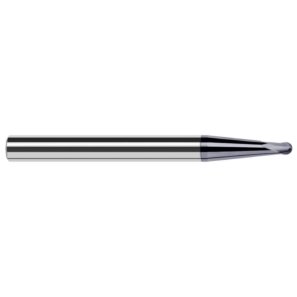 Ball End Mill: 0.062″ Dia, 0.05″ LOC, 2 Flute, Solid Carbide 2″ OAL, 3/16″ Shank Dia, 35 ° Helix, AlTiN Coated, Single End