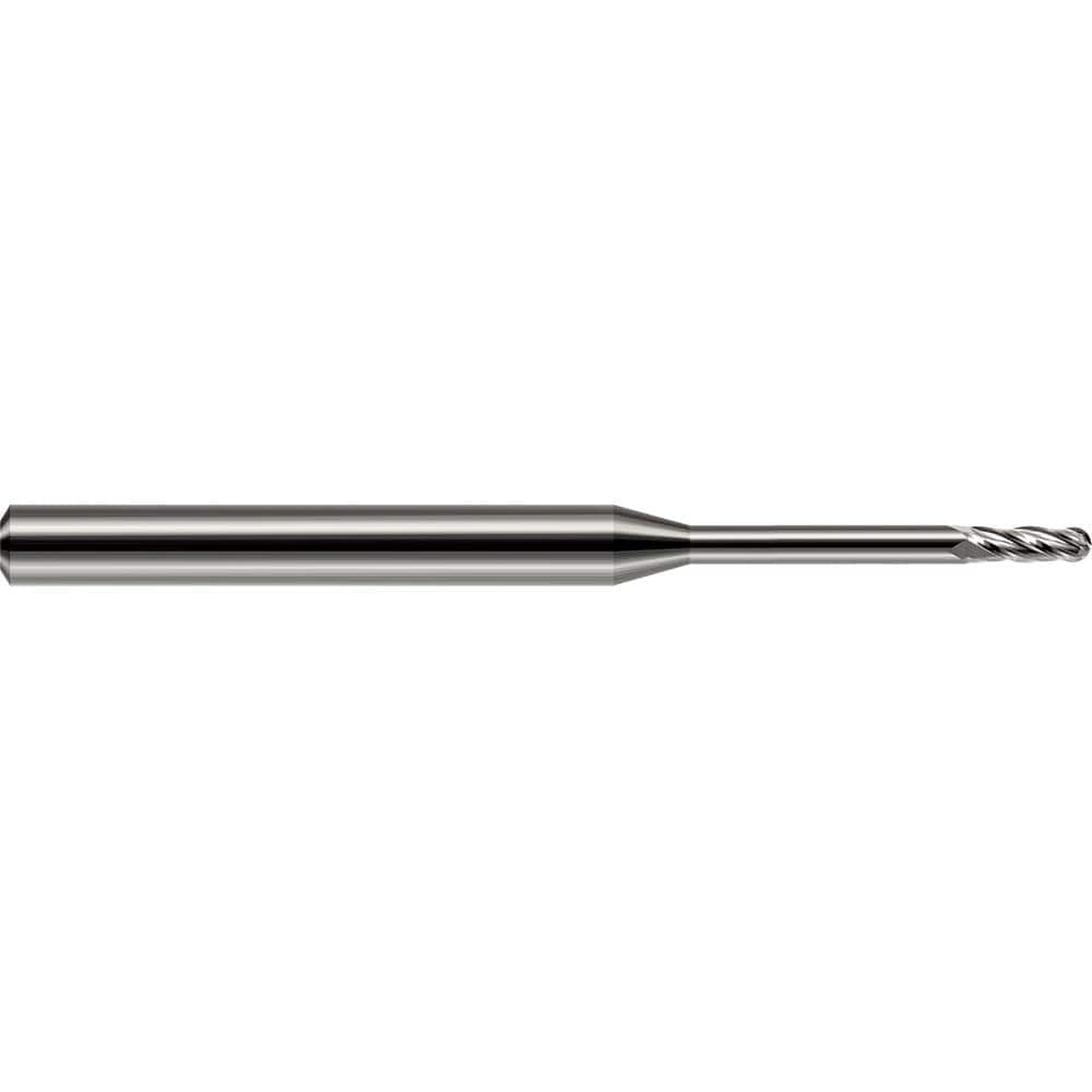 Ball End Mill: 0.05″ Dia, 0.15″ LOC, 4 Flute, Solid Carbide 1-1/2″ OAL, 1/8″ Shank Dia, 30 ° Helix, Uncoated, Single End