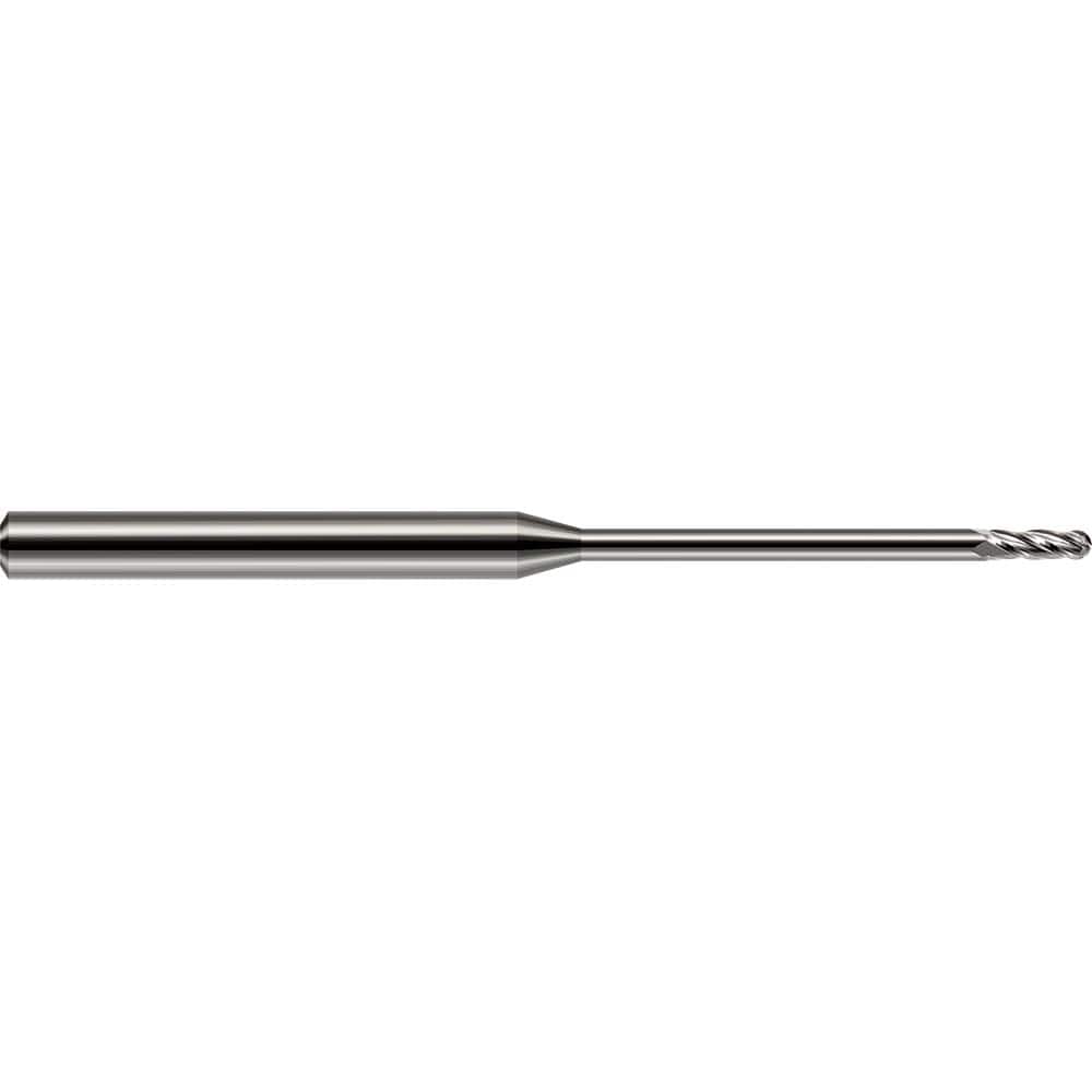 Ball End Mill: 0.015″ Dia, 0.045″ LOC, 4 Flute, Solid Carbide 1-1/2″ OAL, 1/8″ Shank Dia, 30 ° Helix, Uncoated, Single End