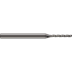 Ball End Mill: 0.01″ Dia, 0.08″ LOC, 3 Flute, Solid Carbide 2-1/2″ OAL, 1/8″ Shank Dia, 30 ° Helix, Uncoated, Single End