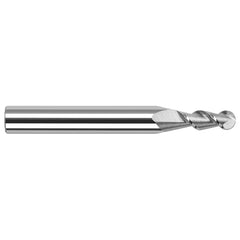 Ball End Mill: 0.07″ Dia, 0.21″ LOC, 2 Flute, Solid Carbide 1-1/2″ OAL, 1/8″ Shank Dia, 45 ° Helix, Uncoated, Single End