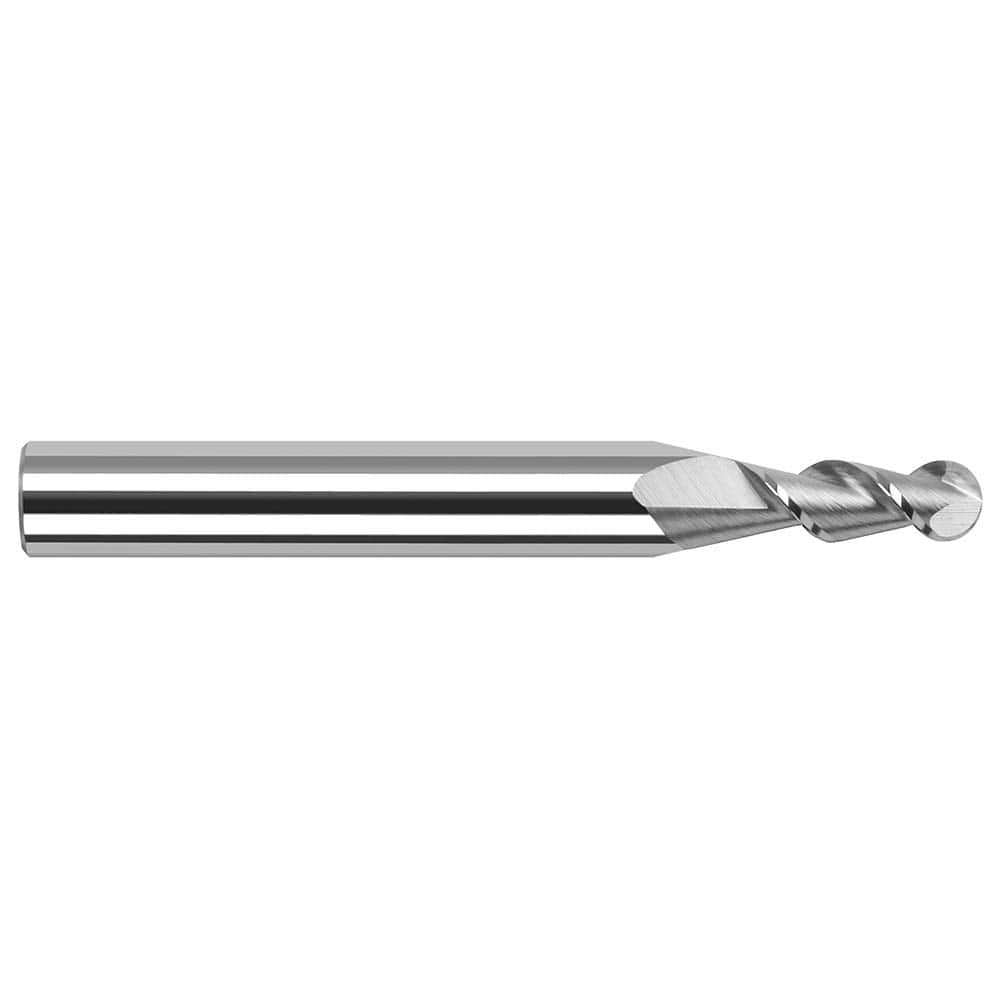 Ball End Mill: 0.04″ Dia, 0.12″ LOC, 2 Flute, Solid Carbide 1-1/2″ OAL, 1/8″ Shank Dia, 45 ° Helix, Uncoated, Single End