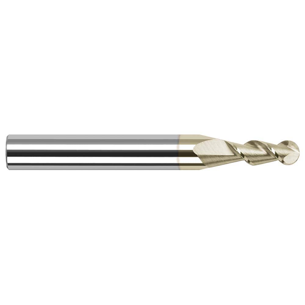 Ball End Mill: 0.031″ Dia, 0.093″ LOC, 2 Flute, Solid Carbide 1-1/2″ OAL, 1/8″ Shank Dia, 45 ° Helix, ZrN Coated, Single End