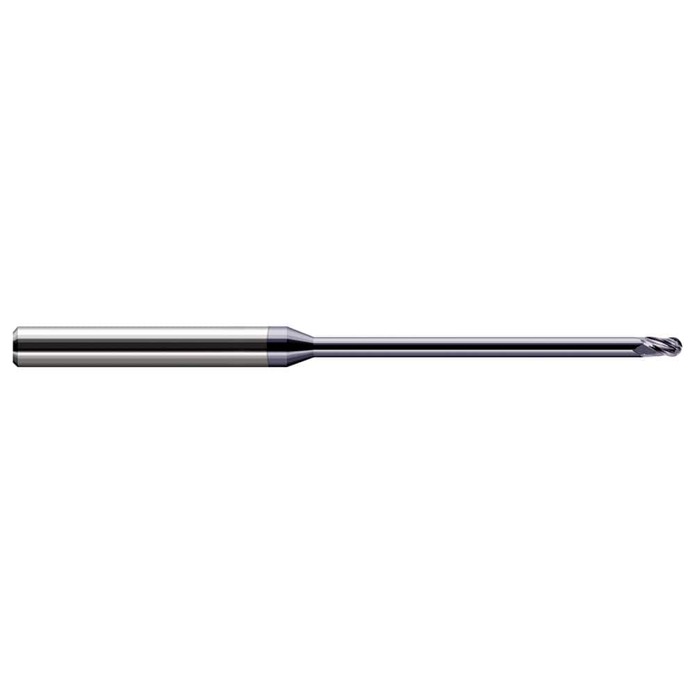 Ball End Mill: 0.01″ Dia, 0.015″ LOC, 3 Flute, Solid Carbide 2-1/2″ OAL, 1/8″ Shank Dia, 30 ° Helix, AlTiN Coated, Single End