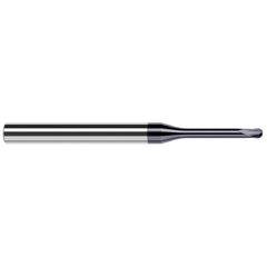Ball End Mill: 0.015″ Dia, 0.012″ LOC, 2 Flute, Solid Carbide 2-1/2″ OAL, 1/4″ Shank Dia, 20 ° Helix, AlTiN Coated, Single End