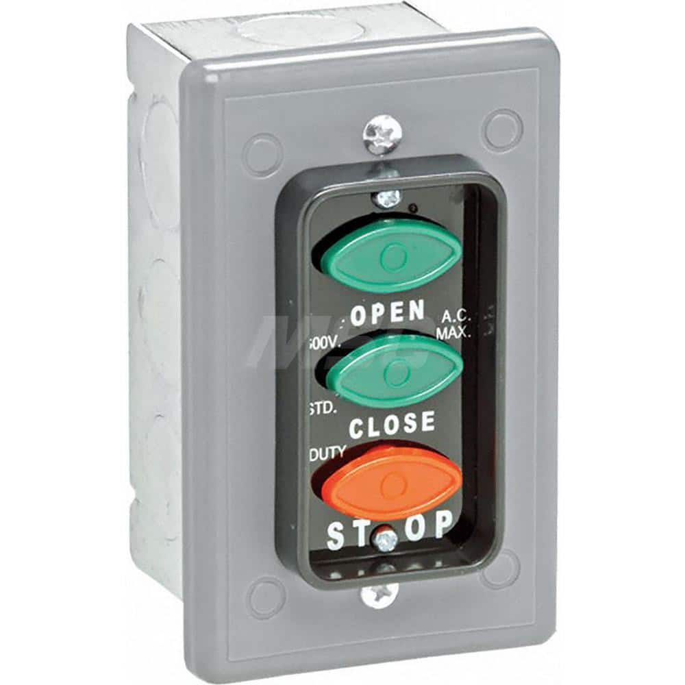 Garage Door Hardware; Type: Control Station, NEMA 1 Interior, Surface Mount; For Use With: Commercial Doors; Commercial Gate Openers; Material: Plastic; Metal; Overall Width: 3; Overall Height: 4.5; Number of Buttons: 3; Includes: Three Oval Buttons; Mome