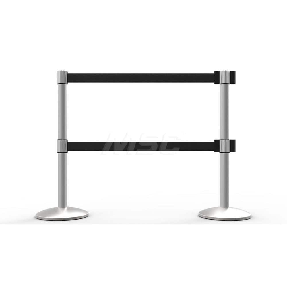 Free Standing Retractable Belt Barrier Post: 40″ High, 2.4″ Dia, Aluminum Post Cast Iron, Black & Silver