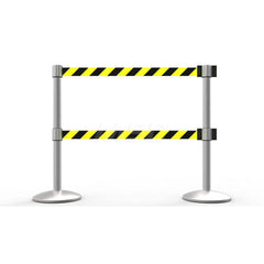 Free Standing Retractable Belt Barrier Post: 40″ High, 2.4″ Dia, Aluminum Post Cast Iron, Black, Silver & Yellow