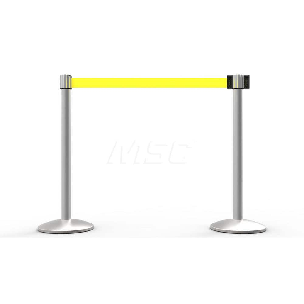 Free Standing Retractable Belt Barrier Post: 40″ High, 2.4″ Dia, Aluminum Post Cast Iron, Silver & Yellow