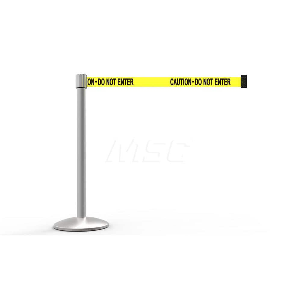 Free Standing Retractable Belt Barrier Post: 40″ High, 2.4″ Dia, Aluminum Post Cast Iron, Silver & Yellow