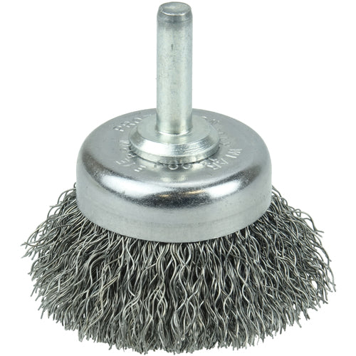 1 3/4″ Crimped Wire Utility Cup Brush, .0118″ Steel Fill, 1/4″ Stem - Benchmark Tooling