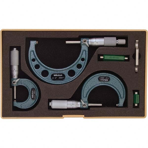 Mitutoyo - Mechanical Outside Micrometer Sets Minimum Measurement (Inch): 0 Maximum Measurement (Inch): 3 - Benchmark Tooling