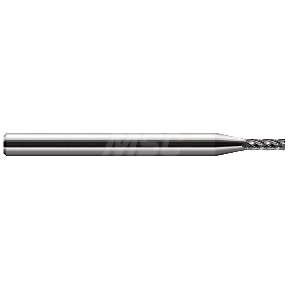 Corner Radius End Mill: 3/64″ Dia, 3/16″ LOC, 0.01″ Radius, 4 Flutes, Solid Carbide 2-1/2″ OAL, 1/8″ Shank Dia, 30 ° Helix, Bright/Uncoated, Corner Radius End, Centercutting