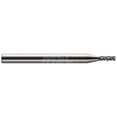 Corner Radius End Mill: 3/64″ Dia, 3/16″ LOC, 0.01″ Radius, 4 Flutes, Solid Carbide 2-1/2″ OAL, 1/8″ Shank Dia, 30 ° Helix, Bright/Uncoated, Corner Radius End, Centercutting