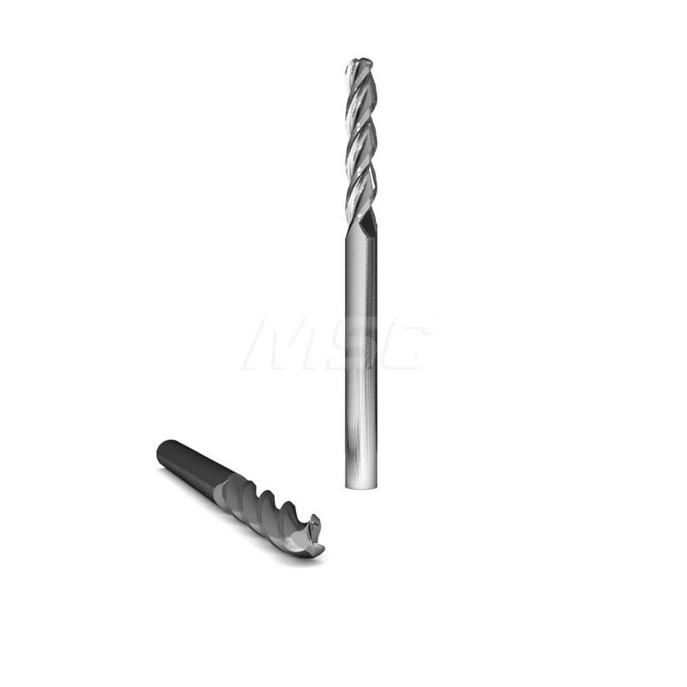 Ball End Mill: 0.25″ Dia, 3 Flute, Solid Carbide 3″ OAL, 1/4″ Shank Dia, 37 ° Helix, Uncoated, Single End, Series 2045