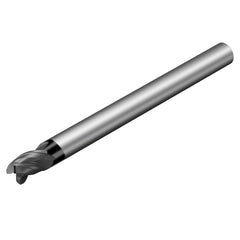 Corner Radius End Mill: 3/4″ Dia, 7/8″ LOC, 0.033″ Radius, 3 Flutes, Solid Carbide 5″ OAL, 3/4″ Shank Dia, 38 ° Helix, AlTiN Coated, Corner Radius End, Centercutting, Series CoroMill Dura