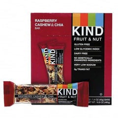 KIND - Snacks, Cookies, Candy & Gum Breakroom Accessory Type: Granola Bars Breakroom Accessory Description: Fruit and Nut Bars, Raspberry Cashew & Chia, 1.4 oz Bar, 12/Box - Benchmark Tooling