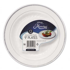 WNA - Masterpiece Plastic Plates, 9 in, White w/Silver Accents, Round, 120/Carton - Benchmark Tooling