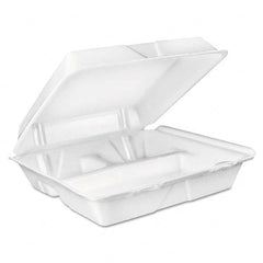 DART - Large Foam Carryout, Food Container, 3-Compartment, White, 9-2/5 x 9 x 3 - Benchmark Tooling