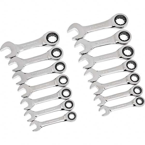 Ratcheting Combination Wrench Set: 14 Pc, 1/2″ 11/16″ 3/4″ 3/8″ 5/8″ 7/16″ & 9/16″ Wrench, Inch & Metric 15 ° Head Offset Angle, Ratcheting, Chrome-Plated