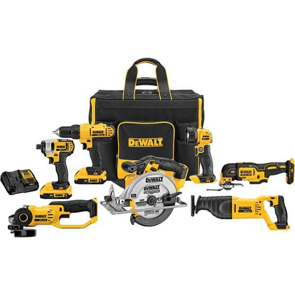 DeWALT - Cordless Tool Combination Kits Voltage: 20 Tools: 1/2" Drill/Driver; 1/4" Impact Driver; 6-1/2" Circular Saw; Work Light; Reciprocating Saw; Grinder; Blue Tooth Speaker - Benchmark Tooling