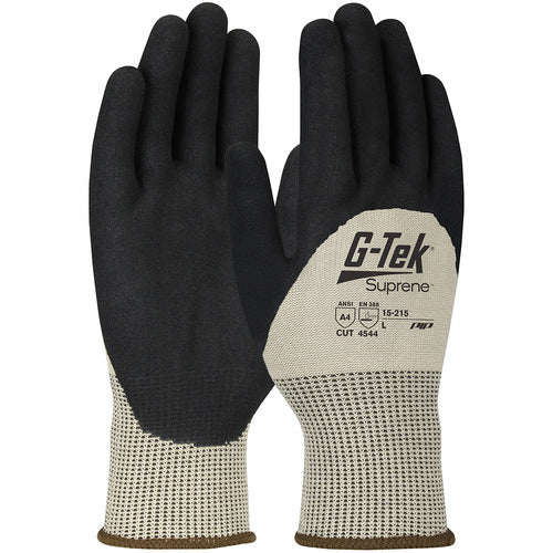 ‎15-215/XS Coated Gloves w/Polykor - G-Tek Suprene - Tan 13G Nano Shell - 3/4 Nitrile MicroSurface Grip - A4 - Exact Industrial Supply