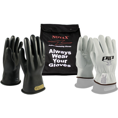 ‎150-SK-00-14/11-KIT - Novax Insulating Glove Kit - Class 00 - 14″ - Black - Straight Cuff - Exact Industrial Supply