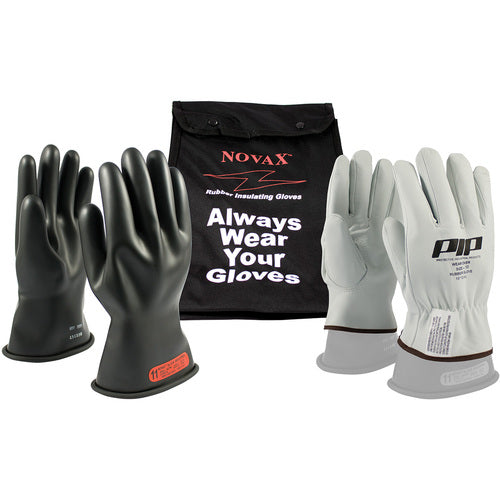 ‎150-SK-0/12-KIT - Novax Insulating Glove Kit - Class 0 - 11″ - Black - Straight Cuff - Exact Industrial Supply