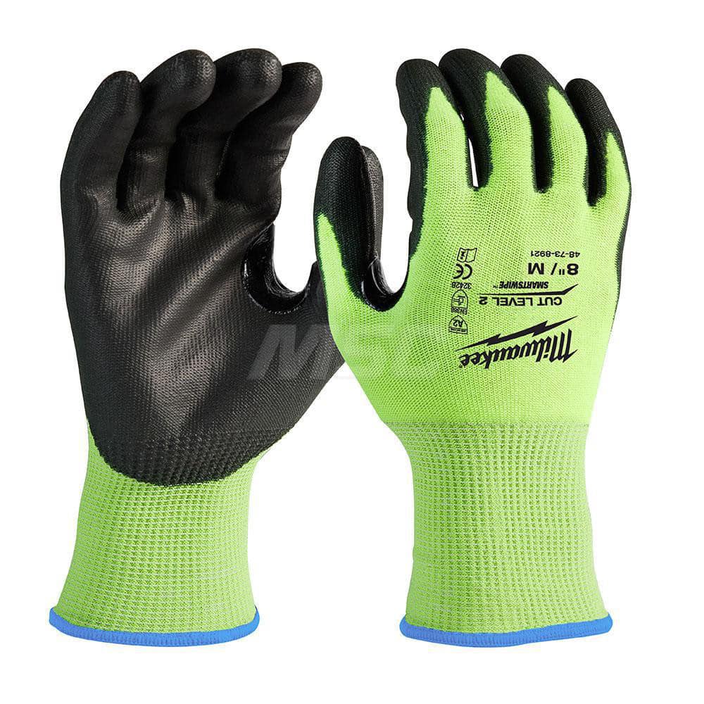 Cut, Puncture & Abrasive-Resistant Gloves: Size M, ANSI Cut A2, ANSI Puncture 0, Nitrile, Polyurethane High-Visibility Yellow, Palm & Fingers Coated, Polyester Lined, Polyurethane Back, Smooth Grip, ANSI Abrasion 0