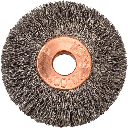 1-3/8″ Small Diameter Crimped Wire Wheel, .006″ Steel Fill, 1/4″ Arbor Hole - Benchmark Tooling