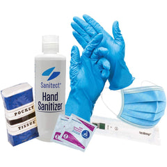 No Brand - Emergency Preparedness Kits Type: Back-to-Work Safety Kit Contents: (5) Ear Loop Masks; (5) Pair of Nitrile Gloves Size Large; Disposable Thermometer; Tissue Packet; 3.4oz Hand Sanitizer; (6) Antiseptic Towelettes - Benchmark Tooling