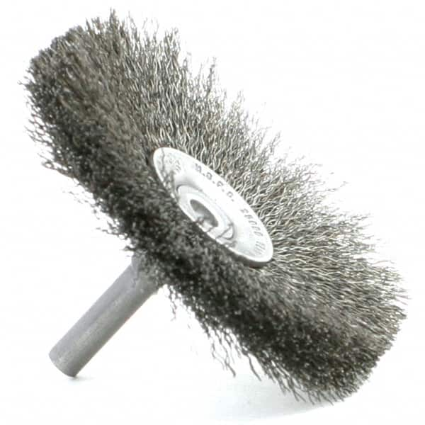 Brush Research Mfg. - 1-1/2" Brush Diam, Crimped, Flared End Brush - 1/4" Diam Steel Shank, 2,500 Max RPM - Benchmark Tooling